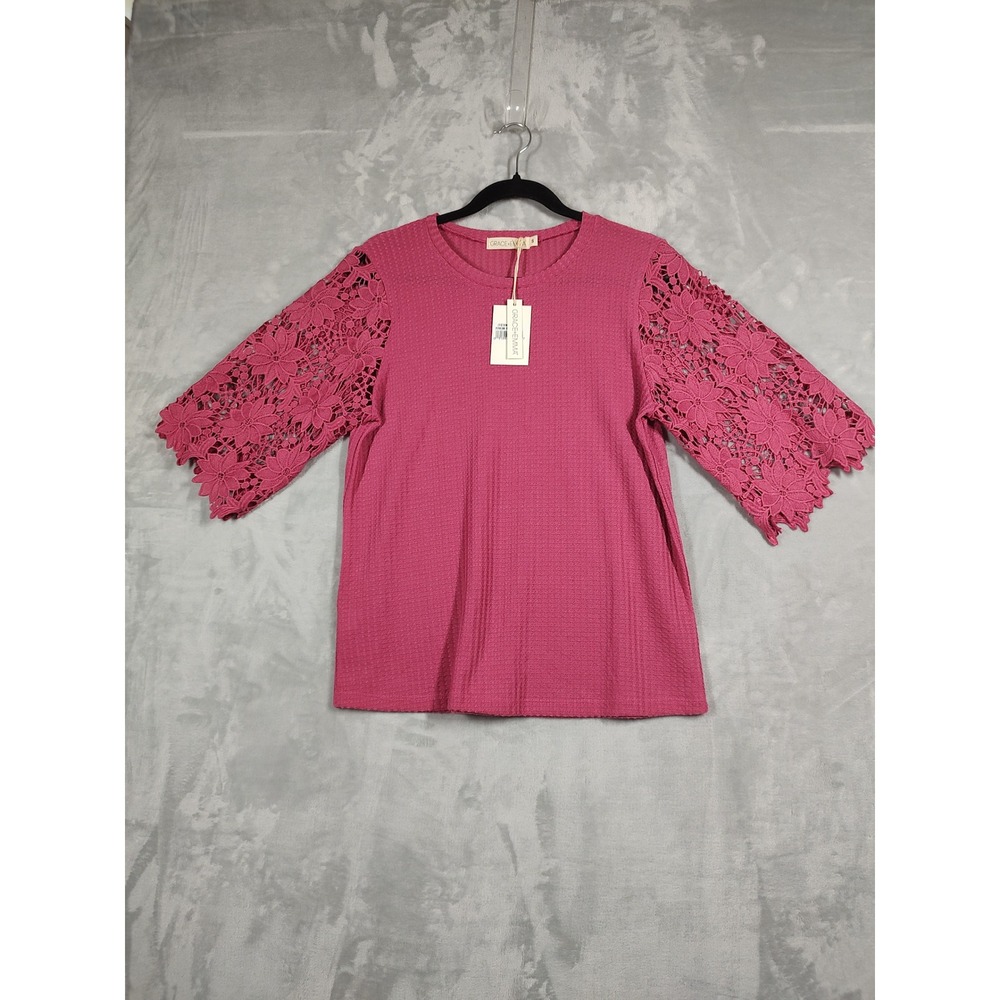 Grace + Emma Womens Waffle Knit Top Pink Floral Crochet Lace Sleeve S 7763B-Pink